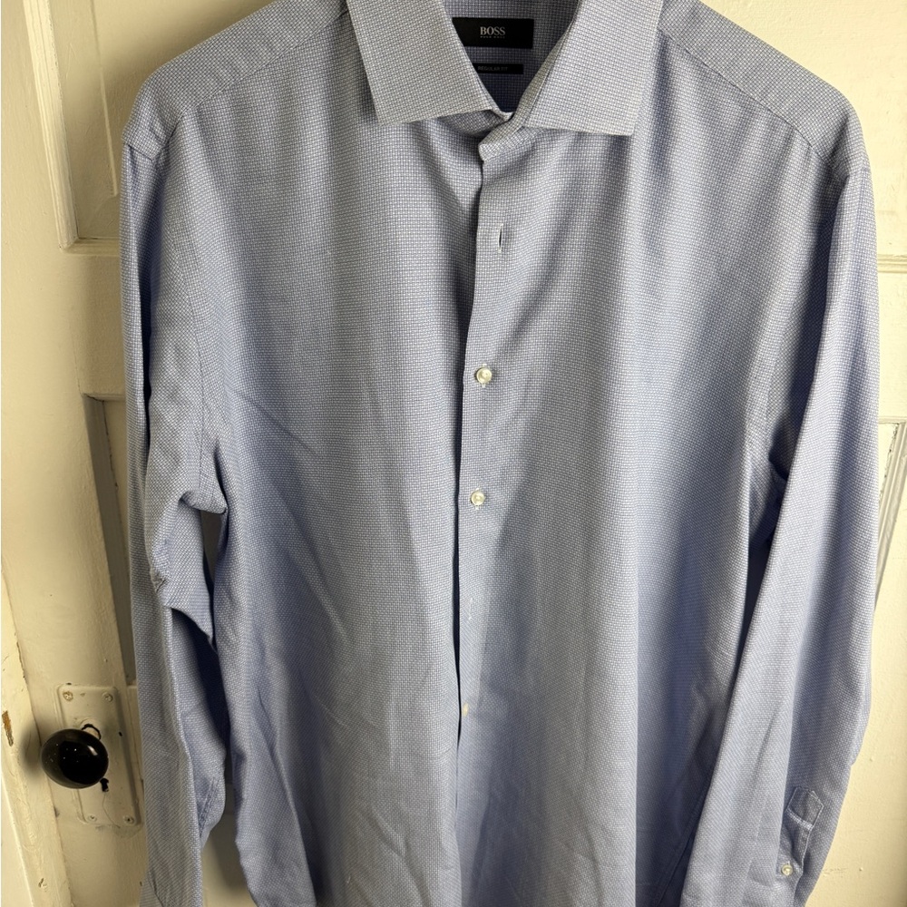 HUGO BOSS Regular Fit Dress Shirt – Blue Micro-Pattern – Classic & Refined